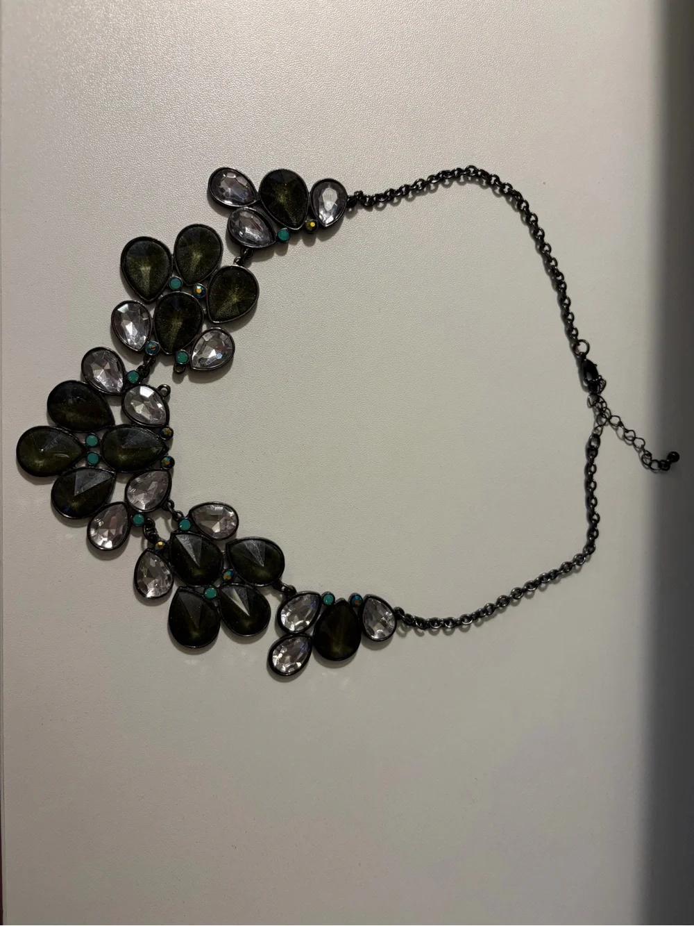 Statement Petal Necklace in Dark Olive with Clear and Turquoise Accents